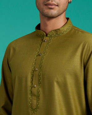 Diwas Men Olive Green Plain Classic Kurta with Embroidered Neckline