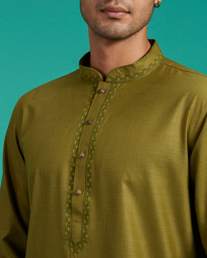 Diwas Men Olive Green Plain Classic Kurta with Embroidered Neckline