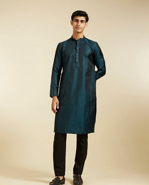 Diwas Men Teal Blue Grid Patterned Kurta with Sequinned Placket
