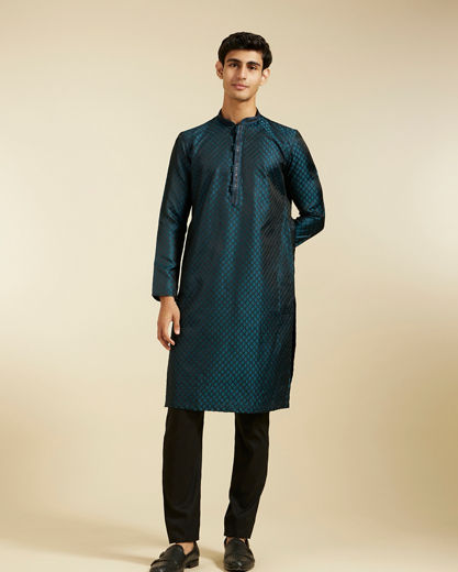 Diwas Men Teal Blue Grid Patterned Kurta with Sequinned Placket