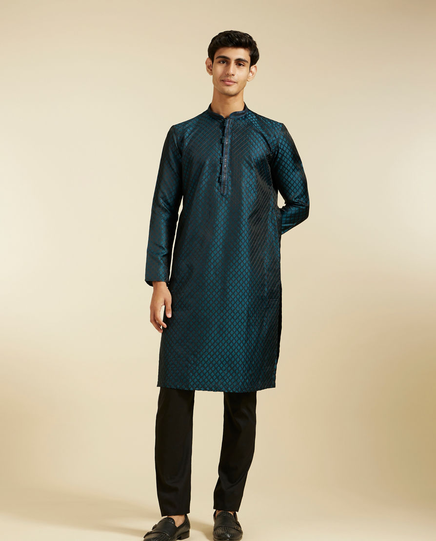 Diwas Men Teal Blue Grid Patterned Kurta with Sequinned Placket