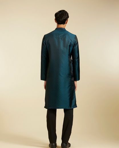 Diwas Men Teal Blue Grid Patterned Kurta with Sequinned Placket