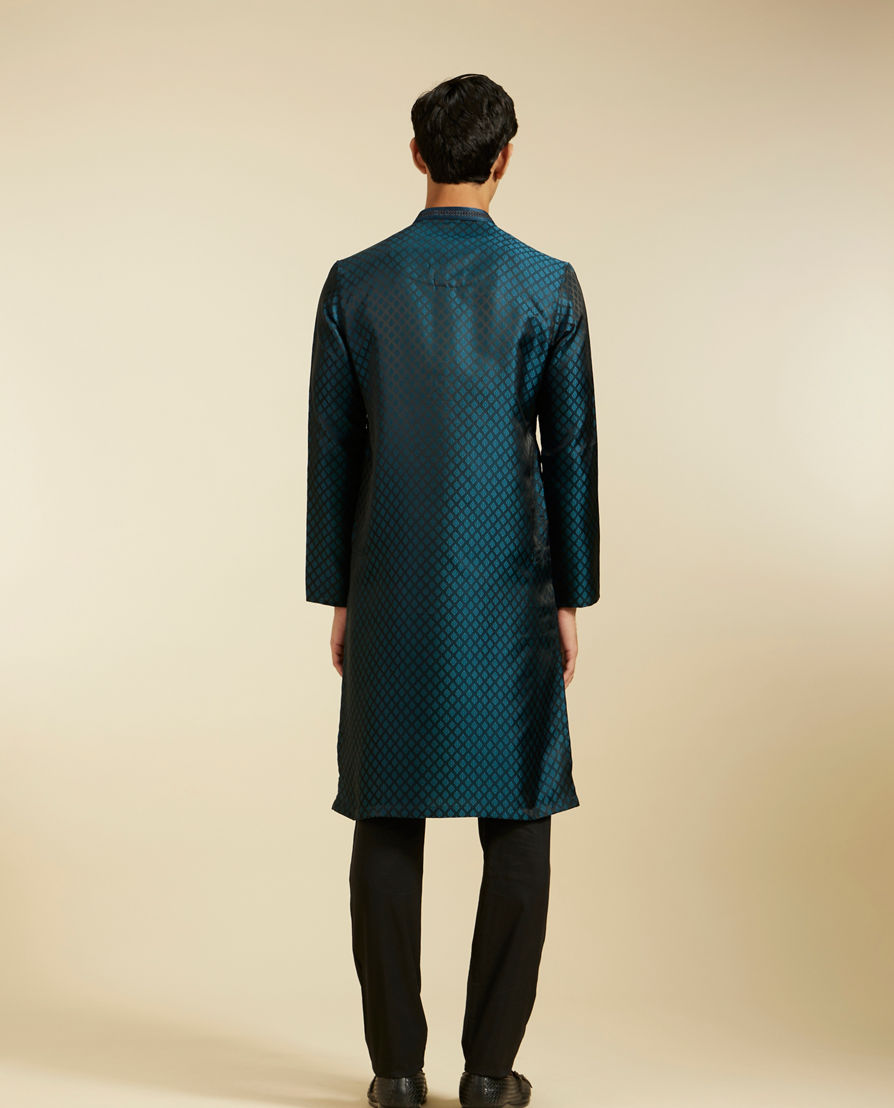 Diwas Men Teal Blue Grid Patterned Kurta with Sequinned Placket