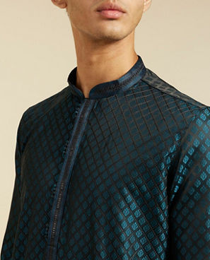 Diwas Men Teal Blue Grid Patterned Kurta with Sequinned Placket