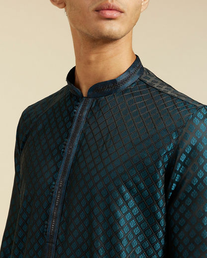 Diwas Men Teal Blue Grid Patterned Kurta with Sequinned Placket