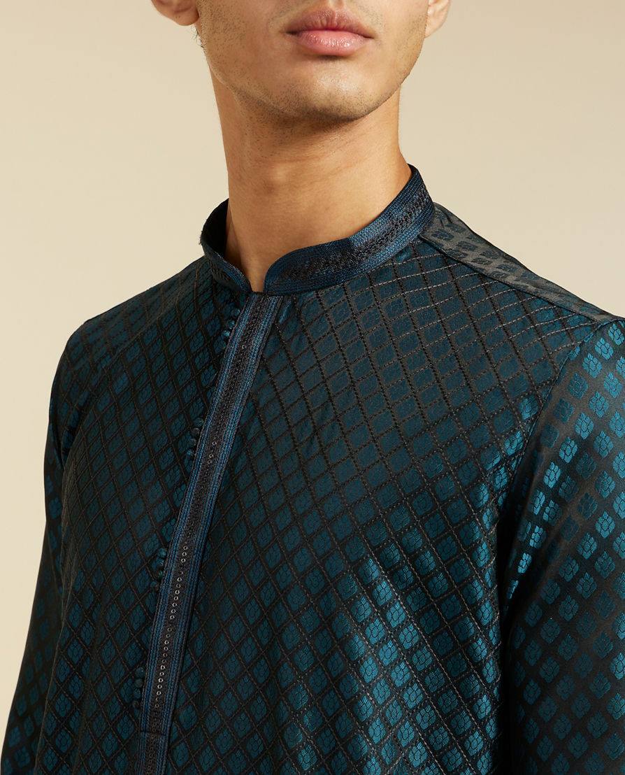 Diwas Men Teal Blue Grid Patterned Kurta with Sequinned Placket