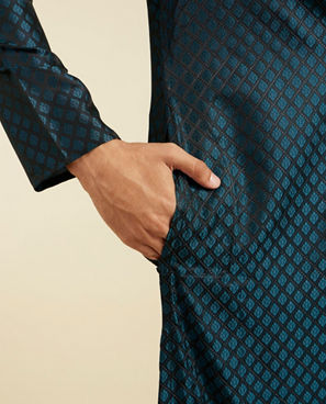 Diwas Men Teal Blue Grid Patterned Kurta with Sequinned Placket