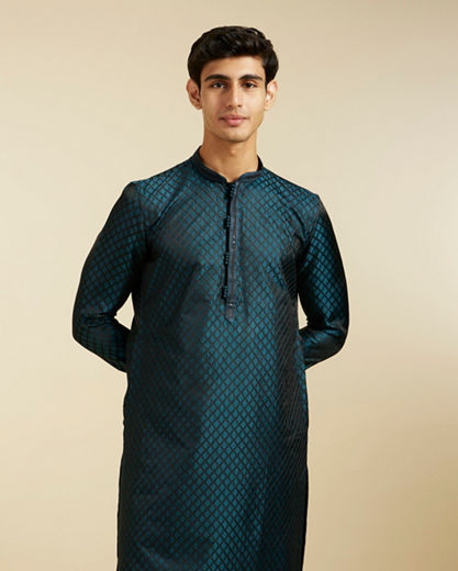 Diwas Men Teal Blue Grid Patterned Kurta with Sequinned Placket