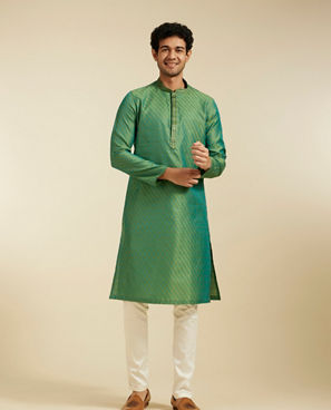 Diwas Men Soft Green Self Striped Bel Printed Kurta