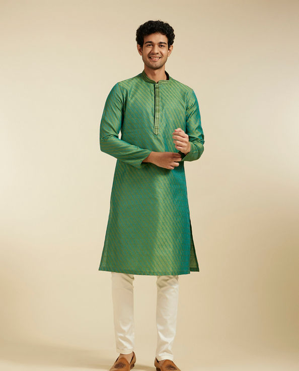 alt message - Diwas Men Soft Green Self Striped Bel Printed Kurta image number 2