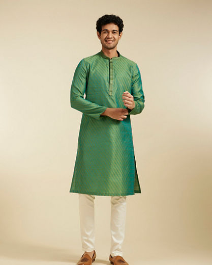 Diwas Men Soft Green Self Striped Bel Printed Kurta