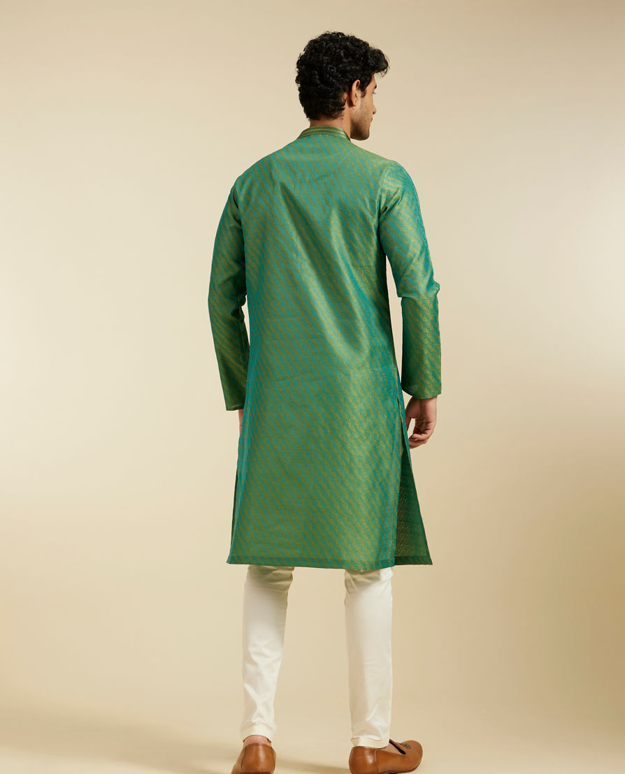 Diwas Men Soft Green Self Striped Bel Printed Kurta