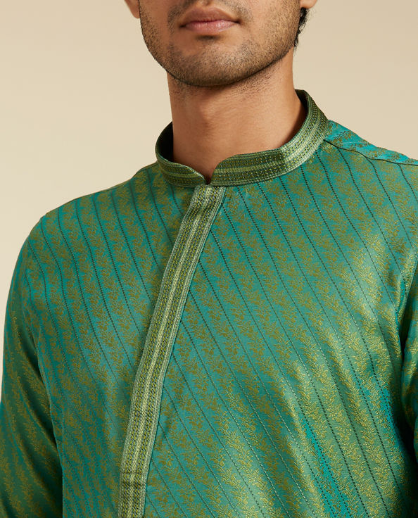 alt message - Diwas Men Soft Green Self Striped Bel Printed Kurta image number 1