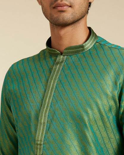 Diwas Men Soft Green Self Striped Bel Printed Kurta