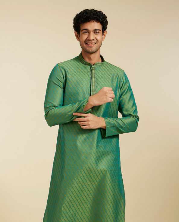 alt message - Diwas Men Soft Green Self Striped Bel Printed Kurta image number 0