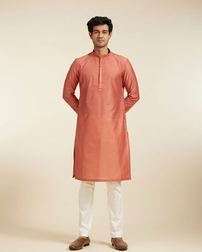 Diwas Men Rust Red Plain Kurta with Embroidered Neckline