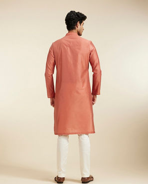 Diwas Men Rust Red Plain Kurta with Embroidered Neckline
