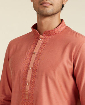 Diwas Men Rust Red Plain Kurta with Embroidered Neckline