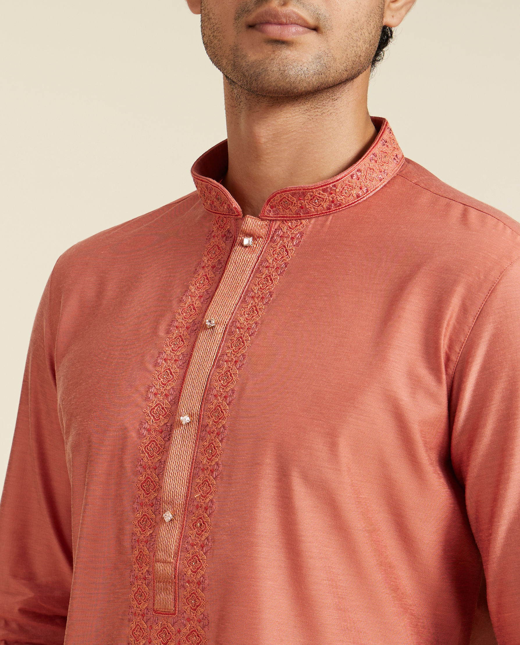 Diwas Men Rust Red Plain Kurta with Embroidered Neckline