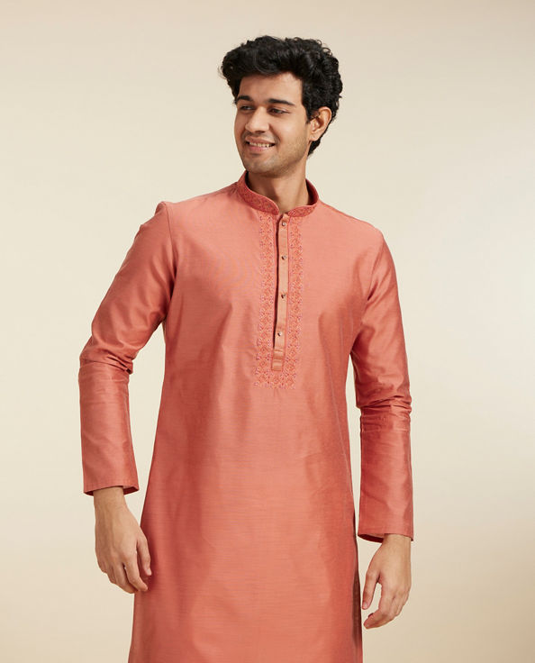 Diwas Men Rust Red Plain Kurta with Embroidered Neckline