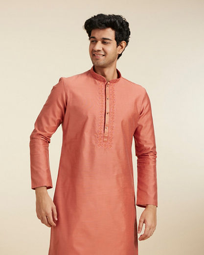 Diwas Men Rust Red Plain Kurta with Embroidered Neckline