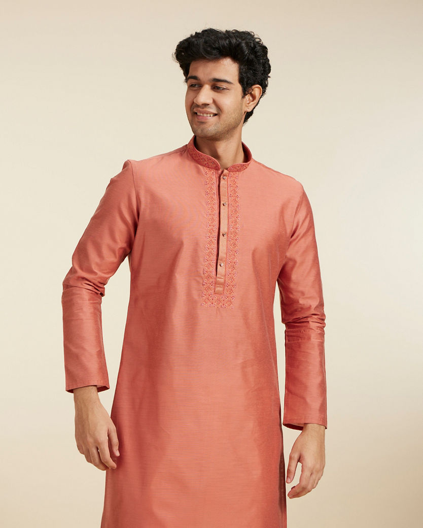 Diwas Men Rust Red Plain Kurta with Embroidered Neckline
