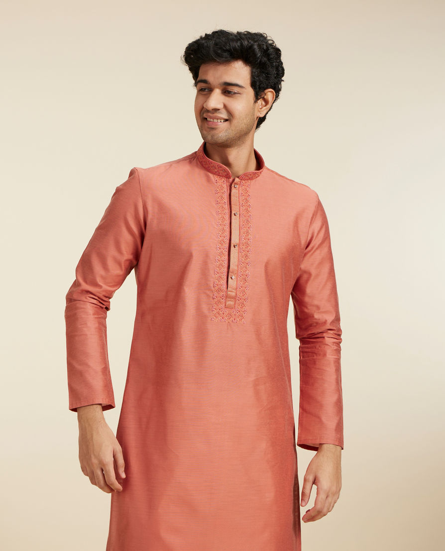 Diwas Men Rust Red Plain Kurta with Embroidered Neckline