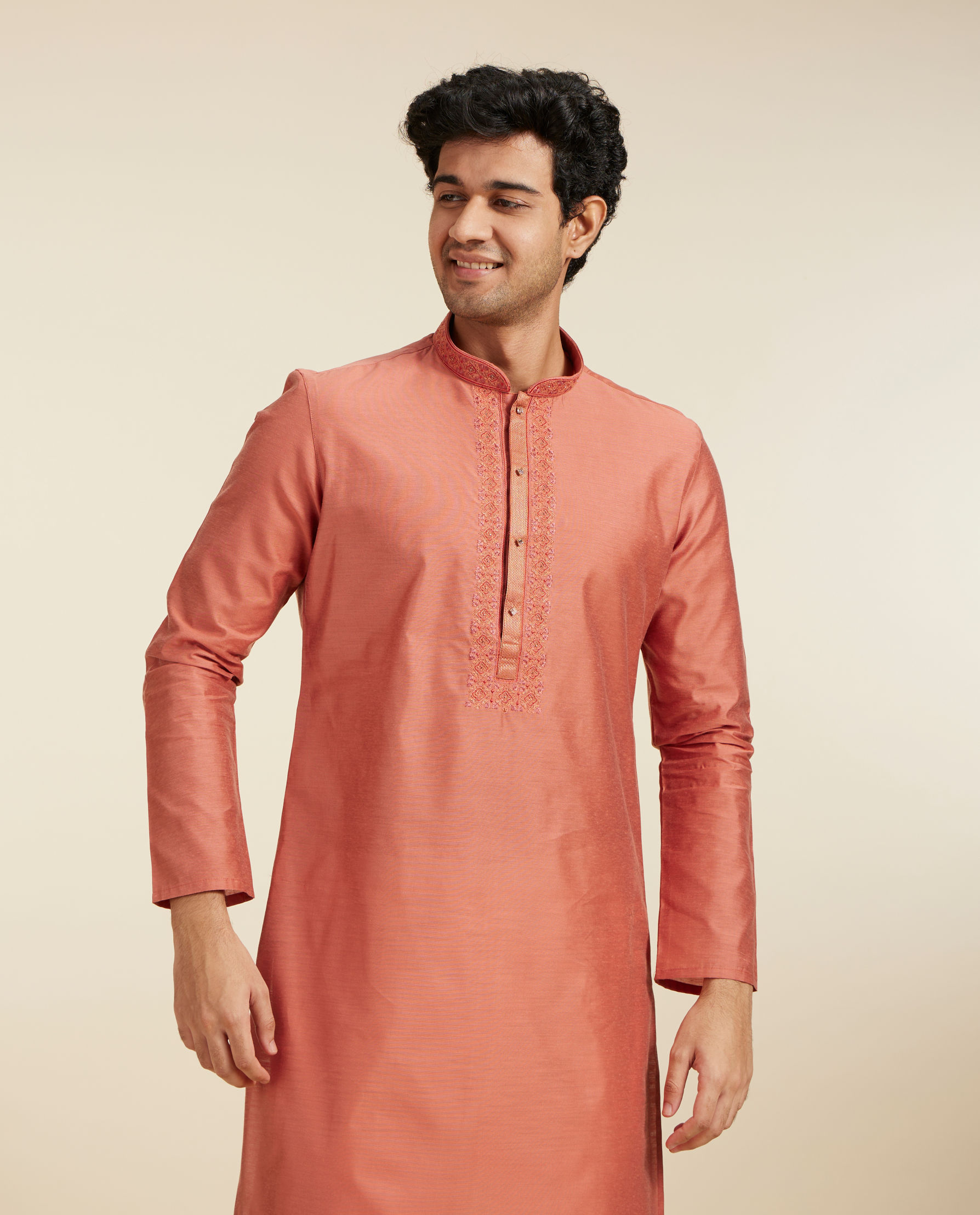 Diwas Men Rust Red Plain Kurta with Embroidered Neckline