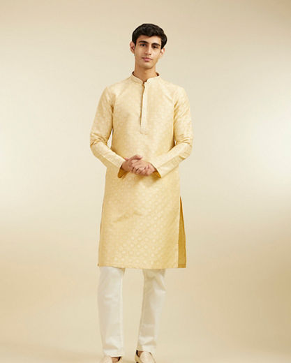 Diwas Men Sand Beige Grid Patterned Kurta with Embroidered Neckline