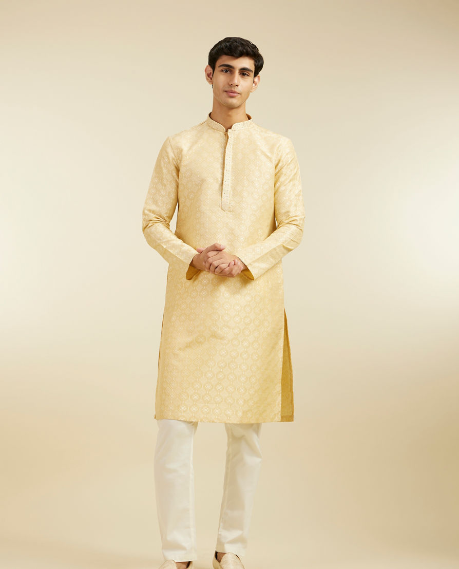Diwas Men Sand Beige Grid Patterned Kurta with Embroidered Neckline