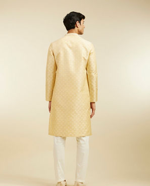 Diwas Men Sand Beige Grid Patterned Kurta with Embroidered Neckline