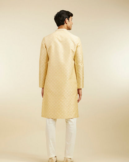Diwas Men Sand Beige Grid Patterned Kurta with Embroidered Neckline