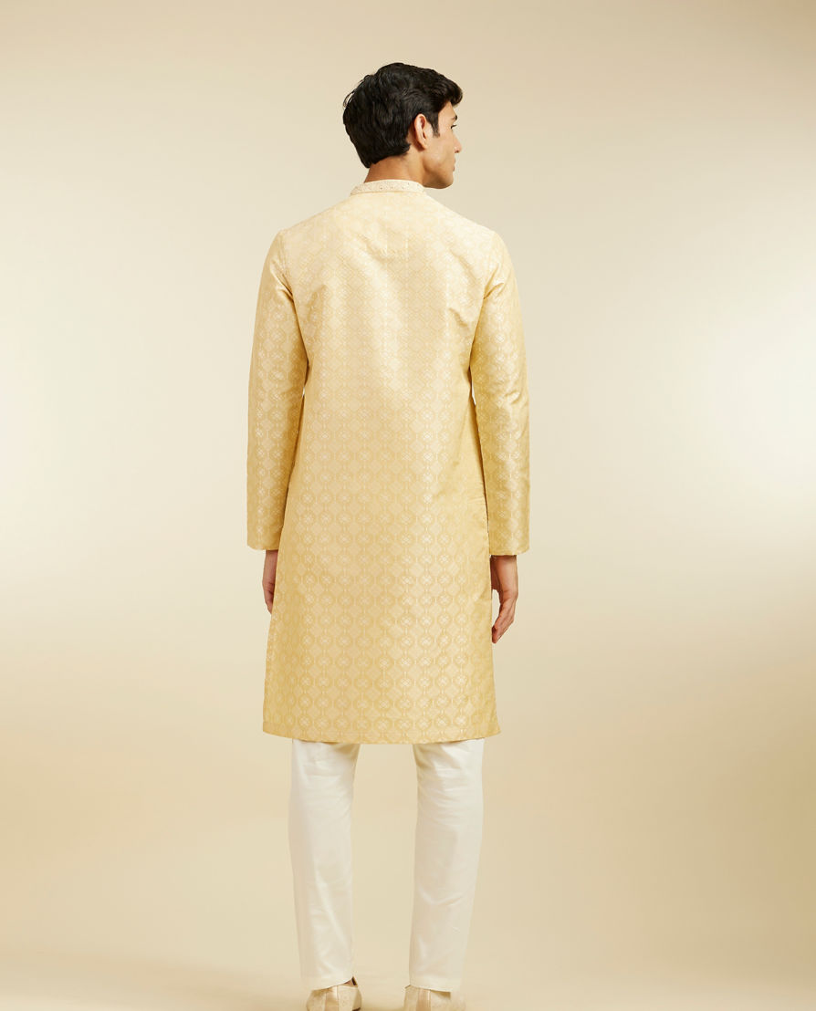 Diwas Men Sand Beige Grid Patterned Kurta with Embroidered Neckline