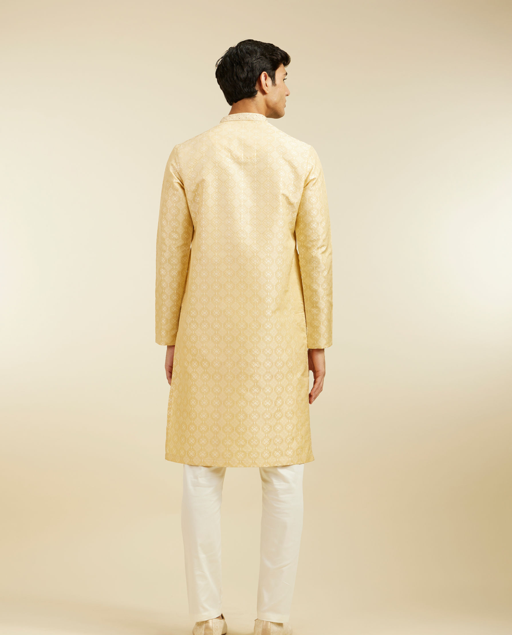 Diwas Men Sand Beige Grid Patterned Kurta with Embroidered Neckline