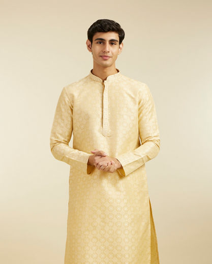 Diwas Men Sand Beige Grid Patterned Kurta with Embroidered Neckline