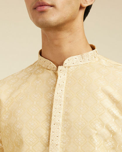 Diwas Men Sand Beige Grid Patterned Kurta with Embroidered Neckline