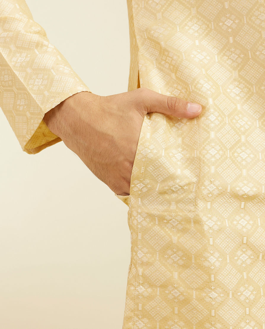 Diwas Men Sand Beige Grid Patterned Kurta with Embroidered Neckline