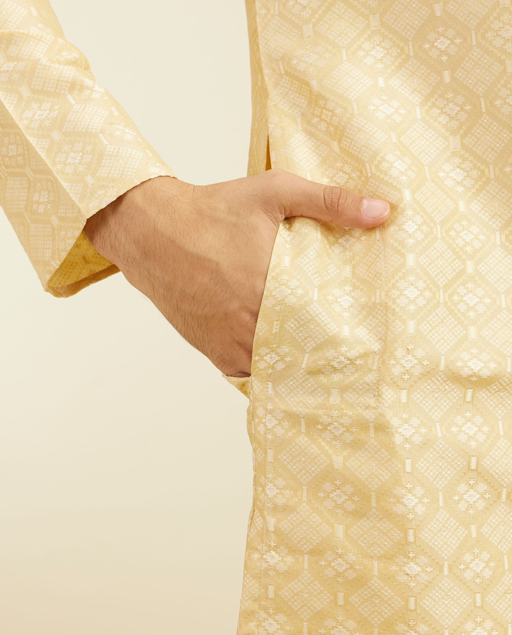 Diwas Men Sand Beige Grid Patterned Kurta with Embroidered Neckline