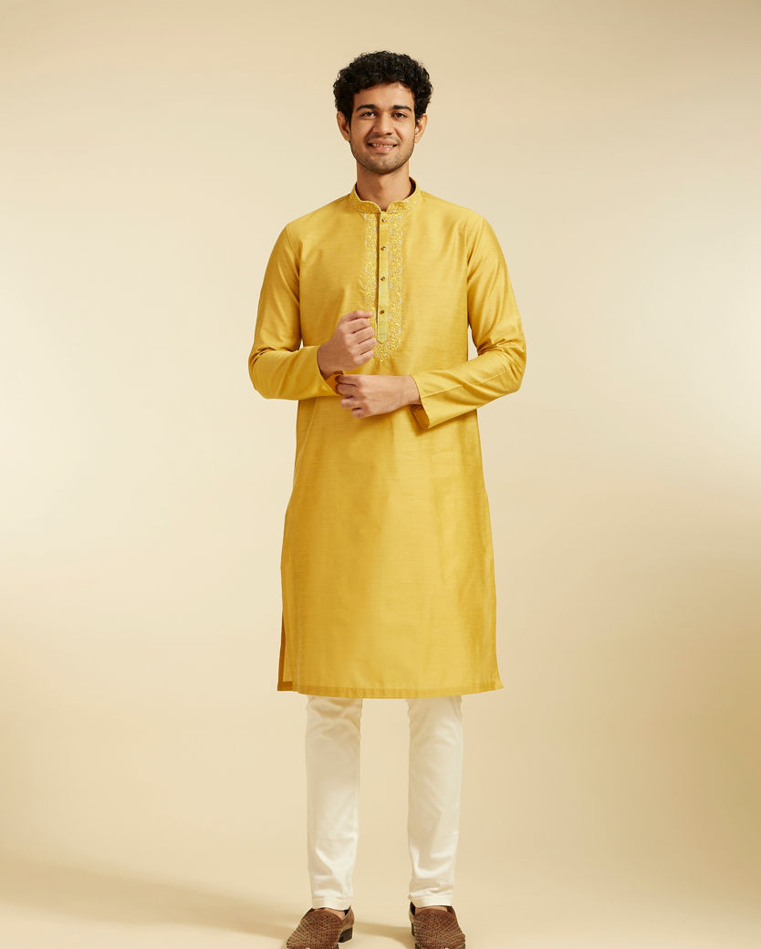 alt message - Diwas Men Mustard Yellow Plain Classic Kurta with Embroidered Neckline image number 2