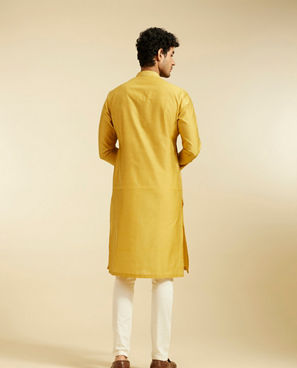 Diwas Men Mustard Yellow Plain Classic Kurta with Embroidered Neckline