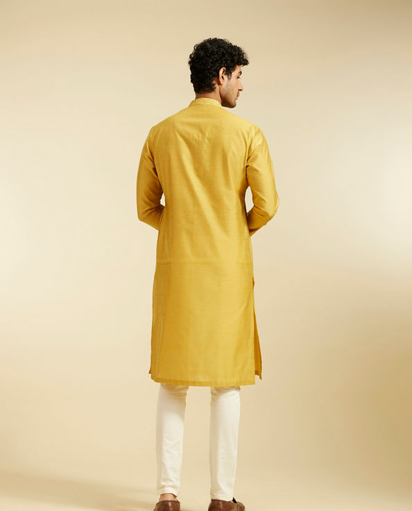 alt message - Diwas Men Mustard Yellow Plain Classic Kurta with Embroidered Neckline image number 3