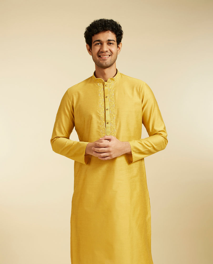 Diwas Men Mustard Yellow Plain Classic Kurta with Embroidered Neckline