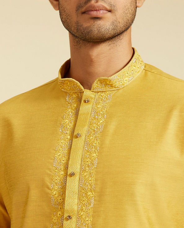 alt message - Diwas Men Mustard Yellow Plain Classic Kurta with Embroidered Neckline image number 1