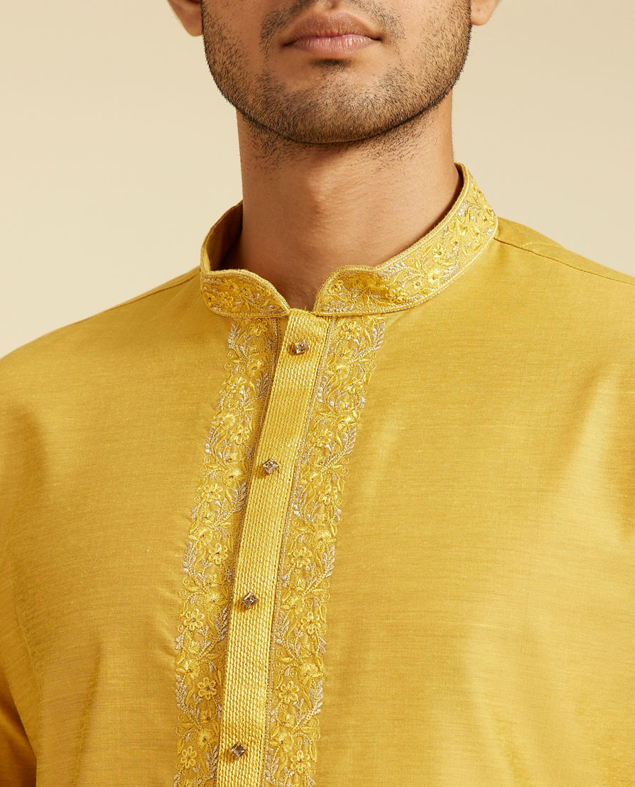 Diwas Men Mustard Yellow Plain Classic Kurta with Embroidered Neckline