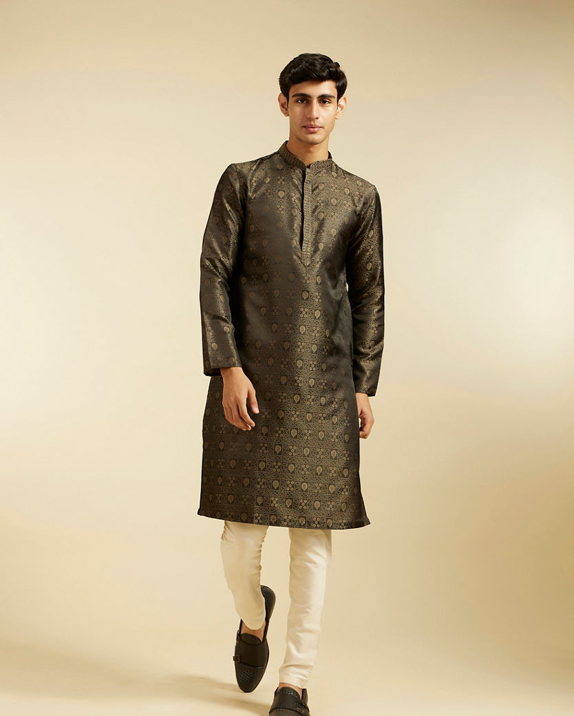 Diwas Men Olive Green Kurta with Imperial Motifs