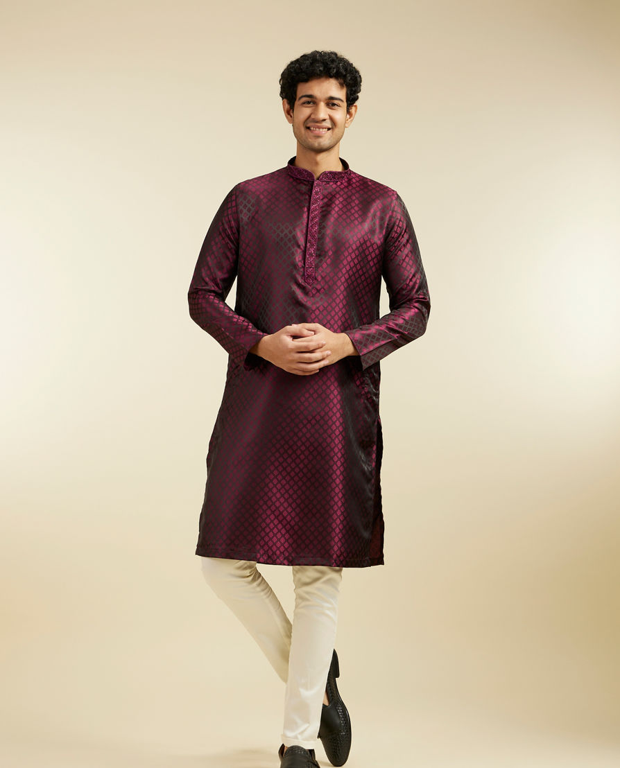 Diwas Men Wine Red Buta Jaal Patterned Kurta with Embroidered Neckline