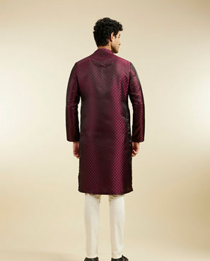 Diwas Men Wine Red Buta Jaal Patterned Kurta with Embroidered Neckline