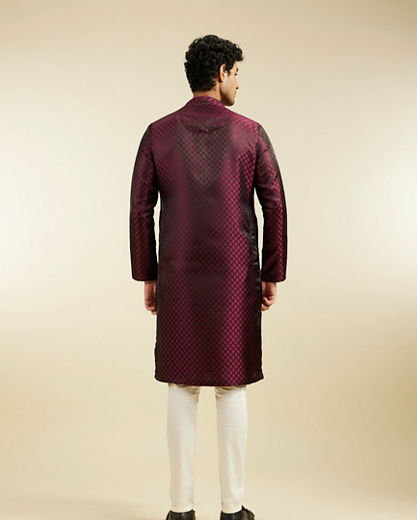 Diwas Men Wine Red Buta Jaal Patterned Kurta with Embroidered Neckline