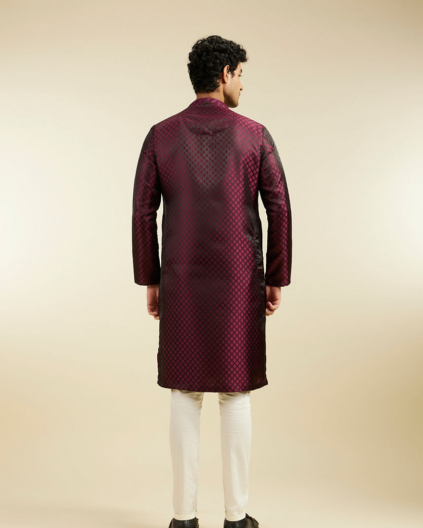 Diwas Men Wine Red Buta Jaal Patterned Kurta with Embroidered Neckline