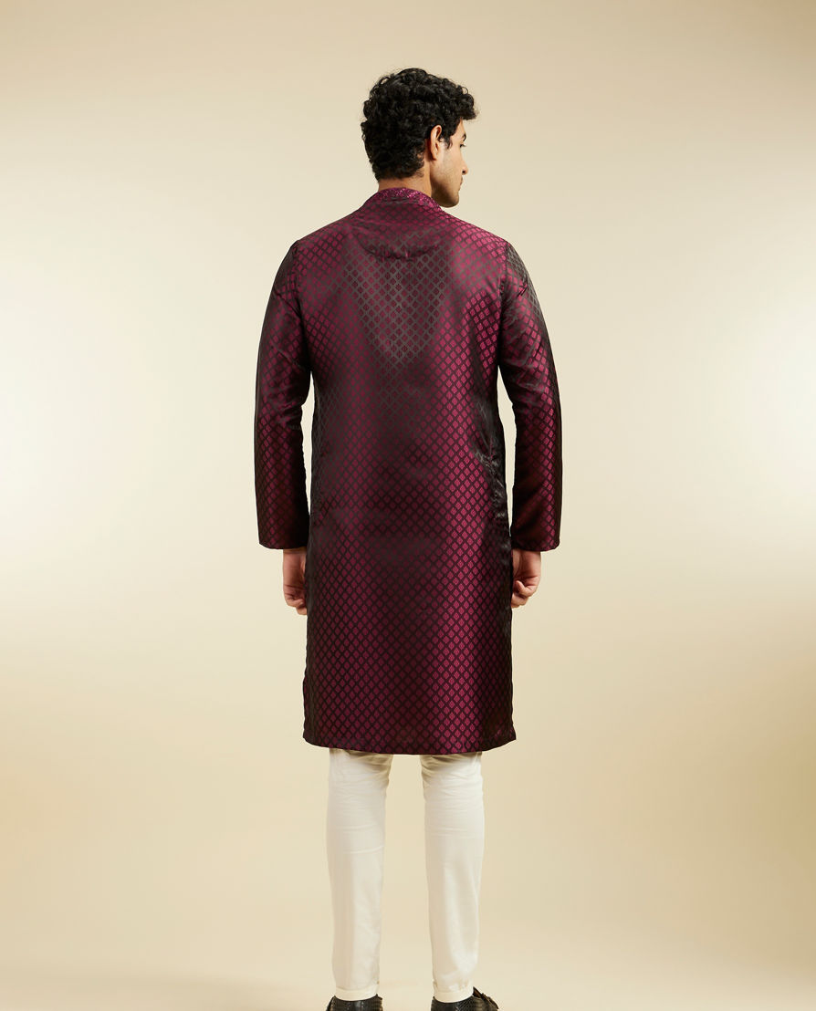 Diwas Men Wine Red Buta Jaal Patterned Kurta with Embroidered Neckline